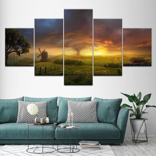 HD Prints Sunset Poster Wall Art Canvas Paintings 5 Pieces Windmill Prairie Tornado Pictures Modular Living Room Decor Frame