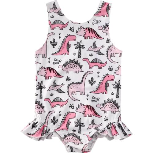Lioraitiin 2-5Years Toddler Baby Girl Summer Fashion Off Shoulder Swimwear Sleeveless Dinosaur Printed Jumpsuit Romper Clothing