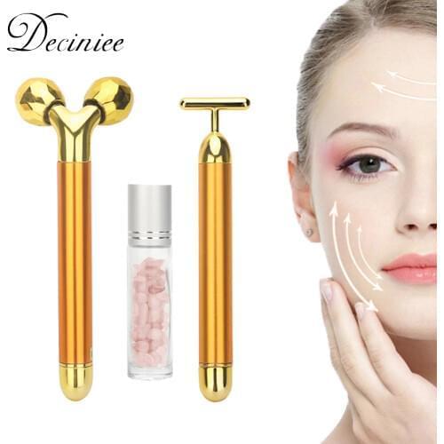 3types 24k Energy Beauty Bar Golden Pulse Vibrating Facial Roller Massager Face Lifting Skin Care Tool with Gemstone Roller Ball