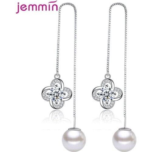 Fashion Korean Luxury Faux Pearl Eardrop Crystal 925 Sterling Silver Drop Earrings For Women Long Design Wedding Jewelry