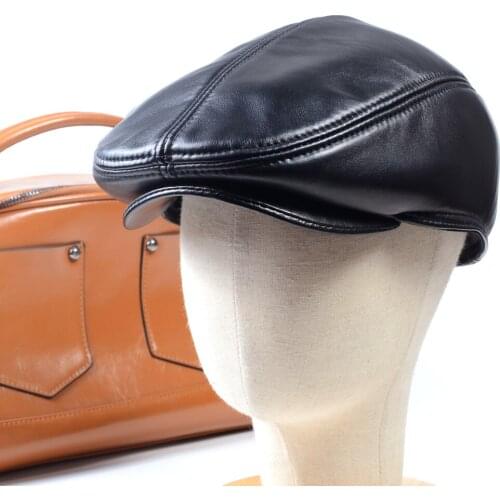 Mens Real Leather Winter Warm Sheepskin Army Beret Golf Cap Newsboy Hats/caps