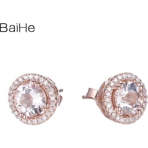 BAIHE Solid 10K Rose Gold 1.43CT Morganite Round Wedding Gift Engagement Women серьги Morganite Stud Earrings for Women сережки