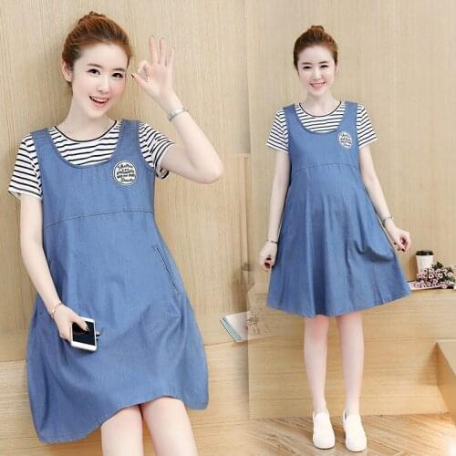Pregnancy Clothes Summer Korean Stripe Maternity Dresses with Pockets Splice Cowboy Maternity Dress Casual Dresses for Women