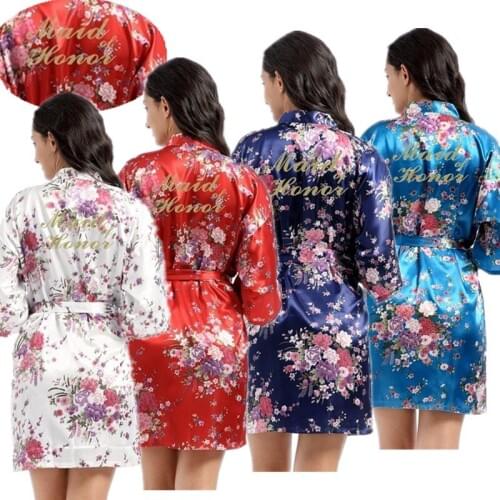 Wholesale Maid of Honor Letter Gold Glitter Daffodil Women Floral Kimono Robe Satin Bride Party Spa Wedding Bathrobes T24
