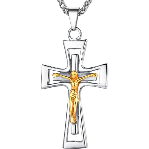 Collare Crucifix Cross Pendants Men 316L Stainless Steel Christian Jewelry Gold Color Jesus Cross Necklace Women 22inch P278