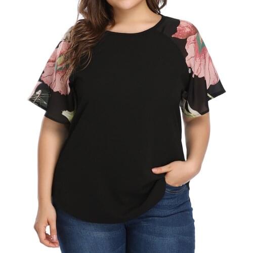 Summer 4XL Shirts Women Fashion Big SizeWomen Casual Floral Print Tunic Tops O-Neck Solid Blouse Short Sleeve Blouse blusas