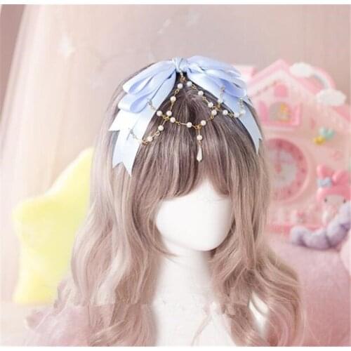 Handwork lolita girl blue KC Pearl Chain Head band Sweet Lolita Bownot Hair clasp Headwear Cosplay Accessories B1297