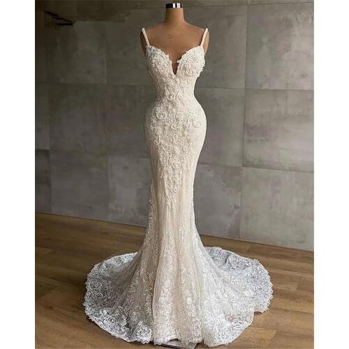Sexy Spaghetti Strap Mermaid Wedding Gowns Full Lace Plus Size Garden Country Bridal Party Dresses Robe De Marriage