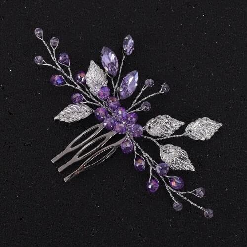 Purple Silver Crystal Leaf Hair Comb Prom Party Rhinestone Women Headpieces Wedding Accessories Bridal Headwear Bridesmaid Gift