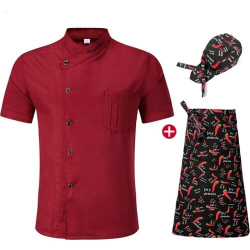 Wholesale Unisex Kitchen Chef Uniform summer red chef Jacket oblique collar logo label shirt hat apron Catering service uniform