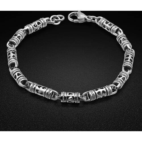 Vintage Mens 925 Sterling Silver Thai Silver Bracelet 4.5MM Hollow Pattern Bracelet Solid Silver Chain 17.5-20CM Size Jewelry