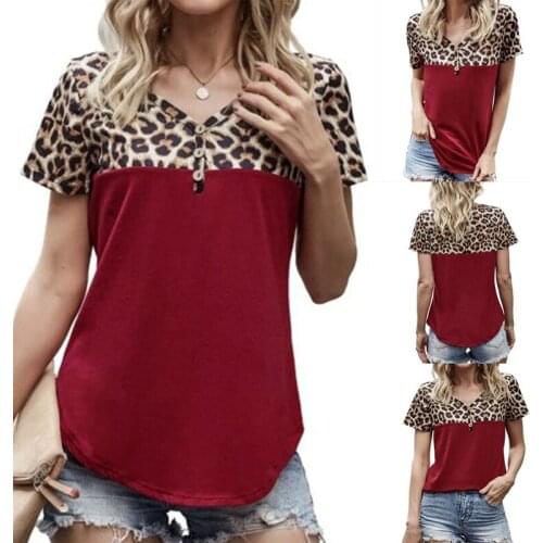 Womens New Leopard Print Stitching Button Short Sleeve T-Shirt Wine Red