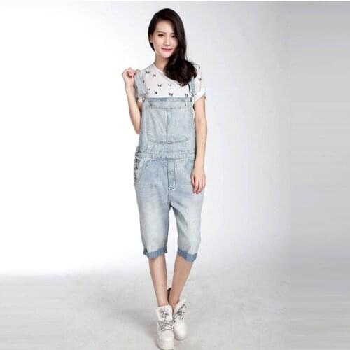 2019 New Ladies Modis Large size Denim Overalls / Fve pants shorts Light White Thin Section Jumpsuit / Suspenders Size S-5XL