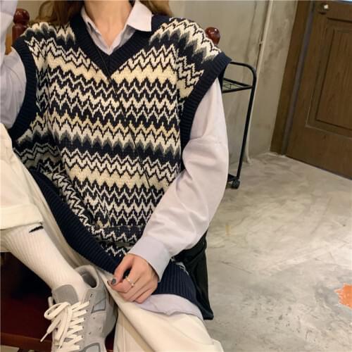 Knitting Vest Woman Preppy Style Geometric Sleeveless Oversize V Neck Pullover Sweater Womens Korean Vest Knitted Sweater Vest