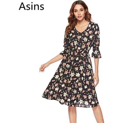 Asins summer dress 2019 new women casual fashion v neck high waist printing splice seven flare sleeve sexy wild chiffon dress