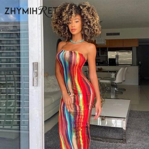ZHYMIHRET Strapless Printed Bodycon Dresses For Women 2021 Party Night Wear Summer Long Dress Tie Dye Tube Vestidos