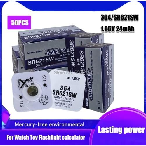 50pcs/lot FOR SEIZAIKEN 364 SR621SW AG1 LR621 SR621 164 LR60 L621 1.55V Button Cell Coin Battery Swiss Watch