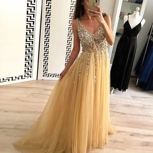Champagne V Neck Prom Party Dresses A Line Floor Length Sequins Tulle Formal Evening Prom Gown vestidos de gala
