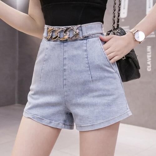Chain black denim shorts womens 2021 new high waist slimming hot wide-leg jeans loose short jeans female
