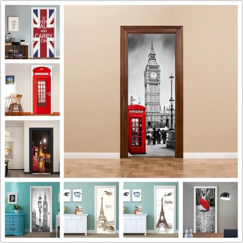 Door Poster Big Ben Telephone Booth Iron Tower Sticker On The Door Self Adhesive Waterproof Home Decor Door Sticker deursticker