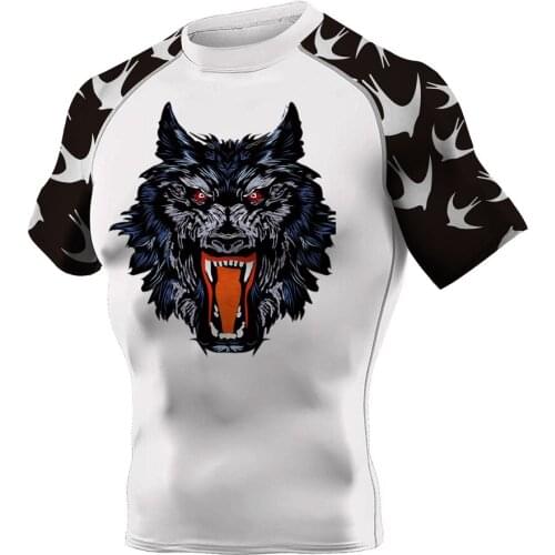 Mens Wolfs Roar BJJ Rash Guards Stylish Stretch Short Sleeve T-Shirt Athletic Male Tops