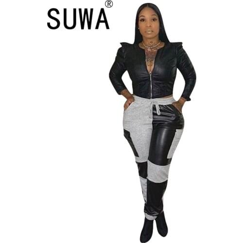 Hot Selling Women Casual Pants Fashion Females Autumn PU Patchwork High Waist Drawstring Sports Pants For Sports Party