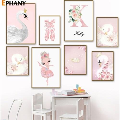 New Born Baby Girls Room Painting Decoration Lovely Sweet Golden Crown Swan Cartoon Wall Art Custom Name Canvas Poster Decor