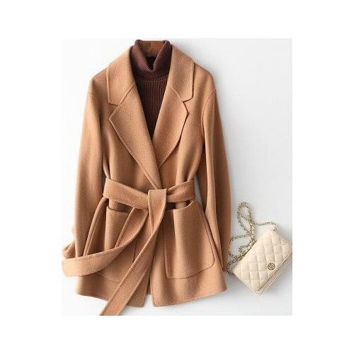 Cashmere Outerwear Female 2021 Autumn Winter Coat Turn Down Collar Women Woolen Jacket Korean Belt Pocket