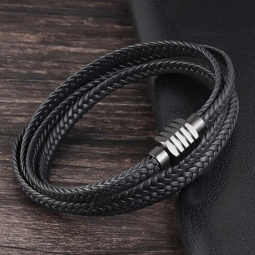 Fashion Black Leather Bracelet Stainless Steel Buckle Multilayer Hand Woven Rope Chain Wristband Mens Bracelet Retro Jewelry
