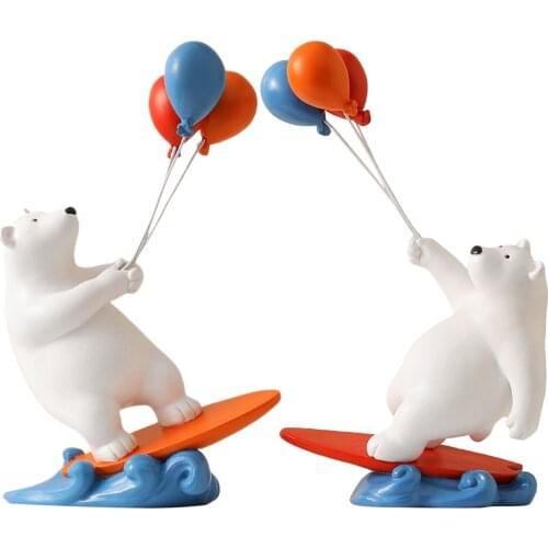 Cartoon Cute Funny Resin Surfing Bear Holding Balloon Animal Statues Home Bookcase Abstract Sculpture Decor Dashboard Ornament