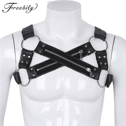 Mens Faux Leather X Shape Shoulder Body Chest Muscle Harness Costume Belt with Metal O Rings Male Muscle BDSM Bondage Top