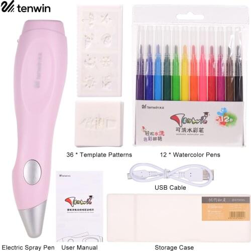 12pcs Washable Paint Pens Electric Water Color Spray Pen Sprayer Airbrush Marker Set Art and Crafts Supplies Gift for Children