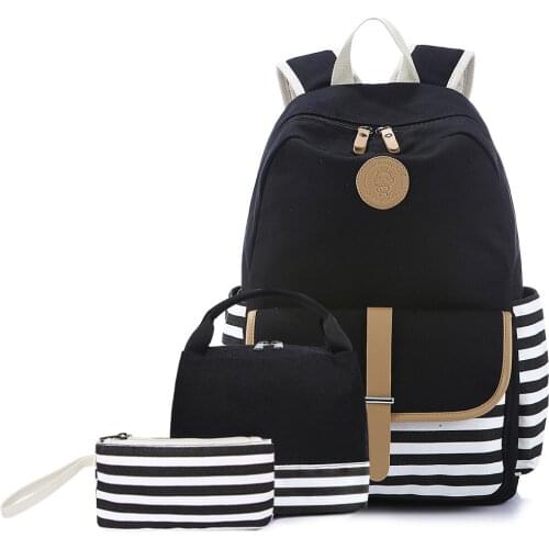 New 2021 School Bag 3-piece Suit With Lunch Bag Knapsack Canvas Casual Women Backpack USB Black Rucksack