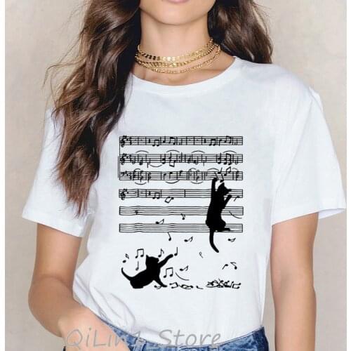 Novelty Music Note Black Cat animal Print tshirt women harajuku kawaii clothes summer top female t-shirt tumblr graphic tees