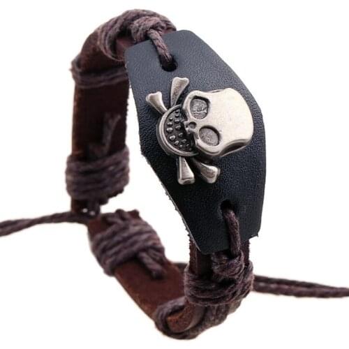 Punk Vintage Retro Skull Charm Leather Bracelets Wrap Alloy Wax Cords Rope Bangle Wristbands Adjustable Fashion Skeleton Jewelry
