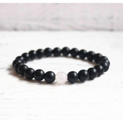 Dropping Shipping Stone Beads Matte Black Onyx Beaded Bracelet with Rose Quarz Bead Onyx Stone Bracelet Lucky Bracelet NSB1027