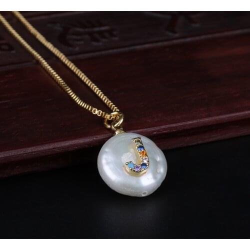Rainbow Micro Pave Gold CZ Cubic Zirconia J Initials Letter Natural Coin Freshwater Pearl Pendant Necklaces For Women Jewelry