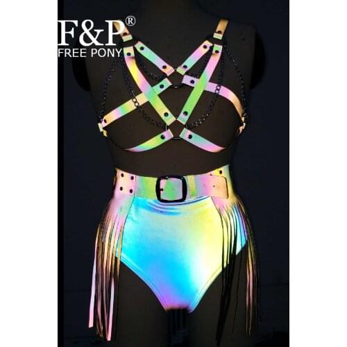 Rainbow Reflective Leather Chest Harness Fringe Skirt Clothing Burning Man Festival Costume Gogo Pole Dance Bottom Wear Clothes