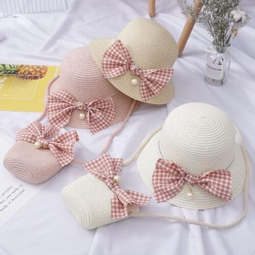 Childrens Breathable Straw Hats Handbag Bowknot Pseudo Pearl Pendant Pure Color Wavy Beach Caps Kids Bag For Girl Boy Sunhat