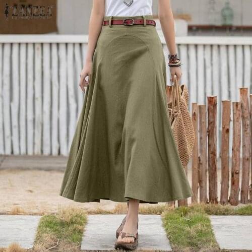 Womens 2021 Fashion Long Skirts Casual High Waist Zipper Skirt Office Lady A Line Skirts ZANZEA Solid Patchwork Skirt