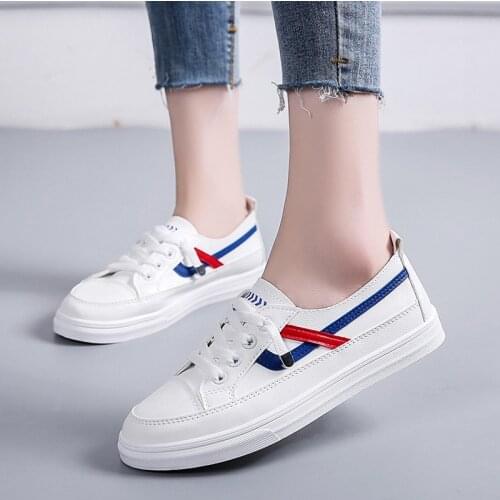 White Shoes Womens 2021 PU Leather Running Shoes Woman Lace-up Trainers Round Toe Shoes White Sneakers Female Student Shoes