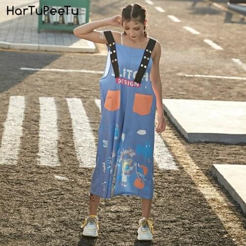 New Blue Jumpsuit Women Summer 2020 Overalls with Press Buttons Wide Strap Funny Graffiti Thin 4 Pockets Wide Leg Baggy Pants