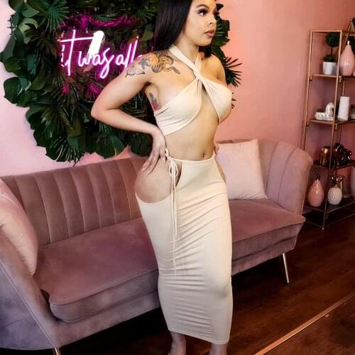 Women’s Sexy Vest and Skirt Suit Fashion Solid Color Halter Tops and Hollow Tight Long Skirt