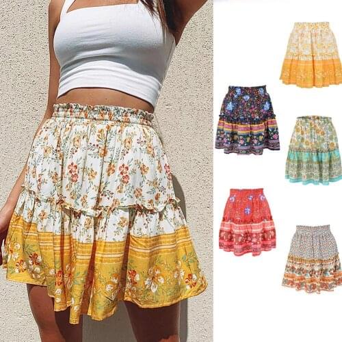 Bohemian High-waisted Skirt Short Dress Y2k A-line Womens Summer Overskirt Fresh Sweet Printed Ethnic Lotus Leaf Hem Beach