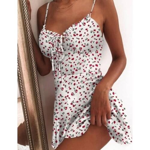 Vestidos de mujer Summer Dress for Women Lace Up Floral Print Mini Dress Boho Sexy Slim Fit Bandeau Sleeveless Strap Beach Dress