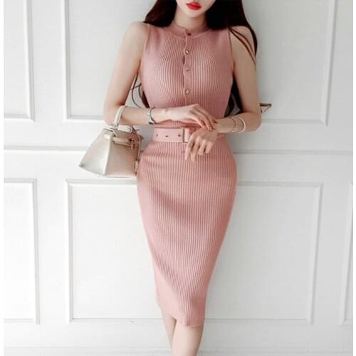 Korean Style Fashion Streetwear Womens Knit Dress With Belt Autumn Winter 2020 Single Breasted Sleeveless Sexy Bodycon Dress