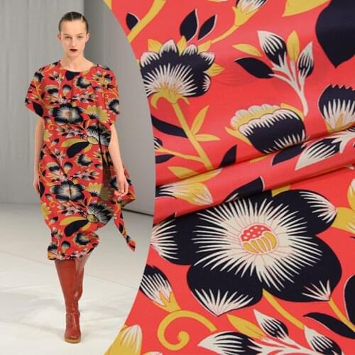 0.5meter orange flower silk crepe DE chine cotton and linen fabrics print fabric for skirt dress 1pc= 50*110cm