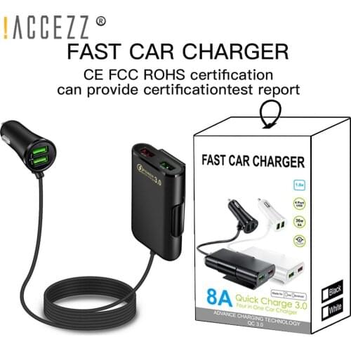 !ACCEZZ Car USB Charger 4port Quick Charge QC3.0 Fast Charging Adapter with 6FT Extension Cable for iPhone 12 iPad Tablet Phones