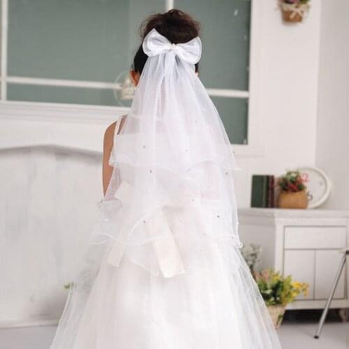 Handmade Double Layer Flower Girls Wedding Veils Cute Rhinestone Bowknot Costume