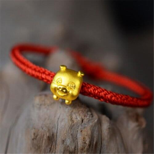 The Animal Year Lucky Red Rope 3D Gold 999 Gold Pig Charm Ladys Bracelet Hand Knitted Adjustable Rope Bracelets Birthday Gift